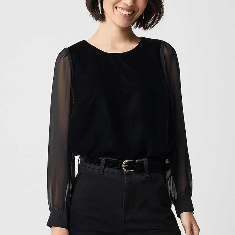 J. CREW Velvet puff-sleeve Sheer Long Sleeve top Black Color size Small NWT